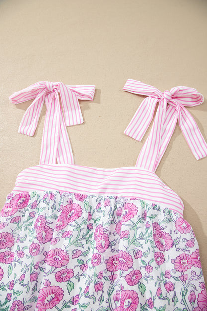 Sky Blue Floral Print Striped Patchwork Bow Knot Straps Mini Dress