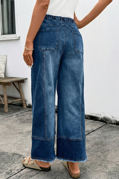Beau Blue Drawstring Seam Detail Raw Hem Wide Leg Denim Pants