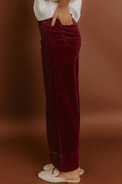 Vineyard Green Corduroy Solid Color High Waist Wide Leg Pants