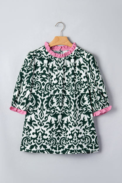 Green Damask Print Ruffled Color Block Detail Half Sleeve Blouse