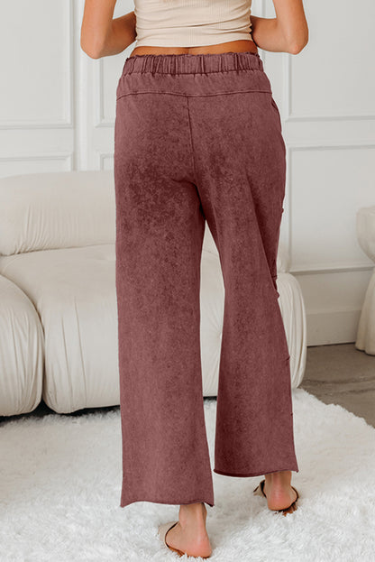 Medium Grey Mineral Wash Lace-up High Waist Raw Hem Patched Pocket Pants