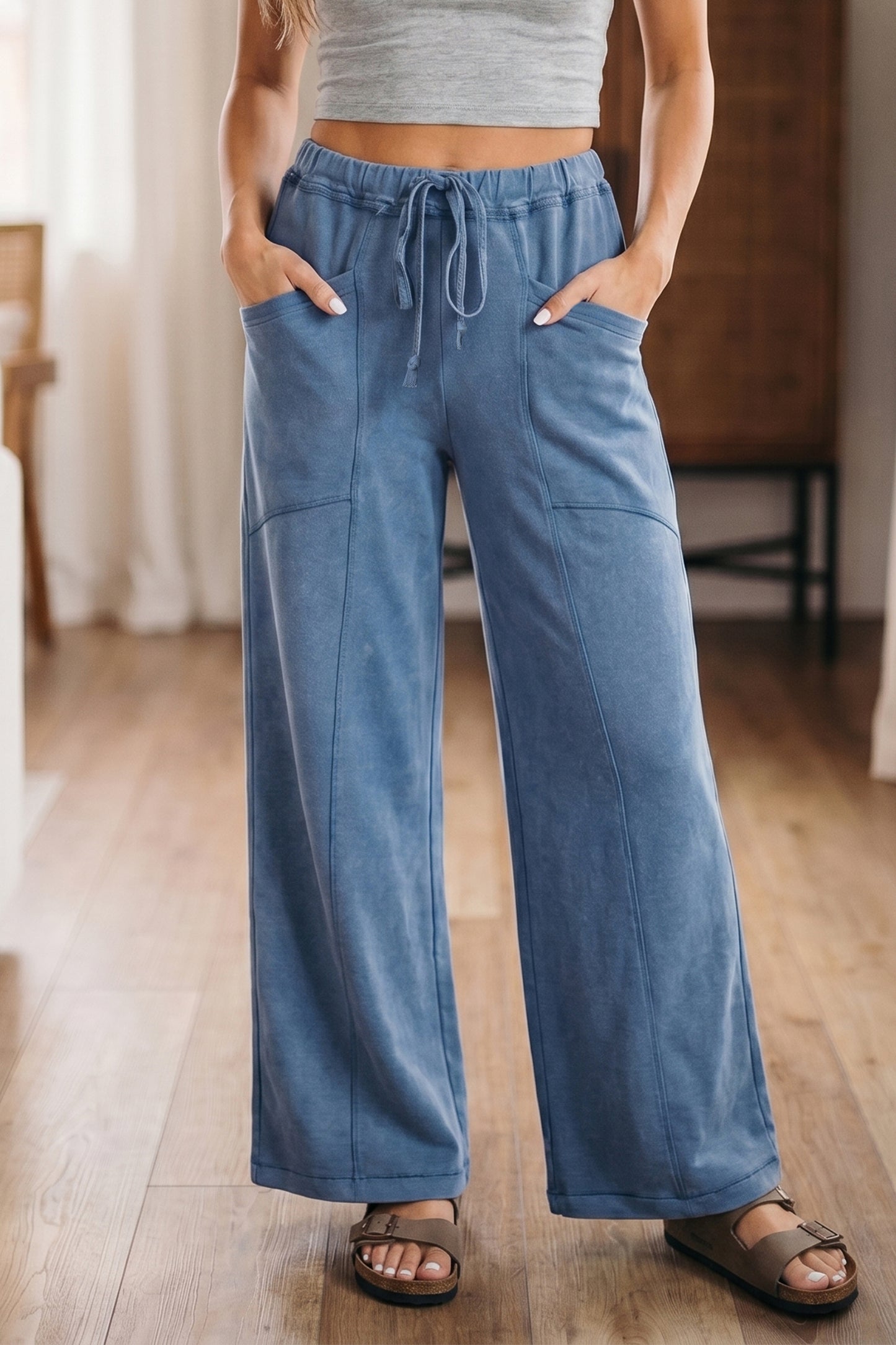 Smoke Gray Mineral Wash Drawstring Retro High Waist Wide Leg Western Pants