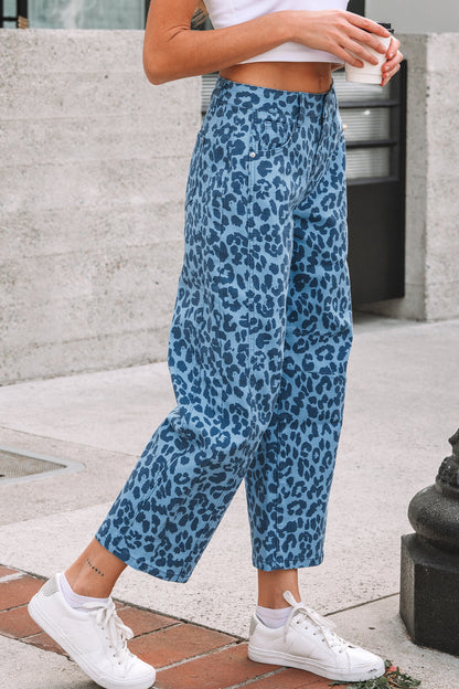 Khaki Leopard Print Straight Loose Jeans