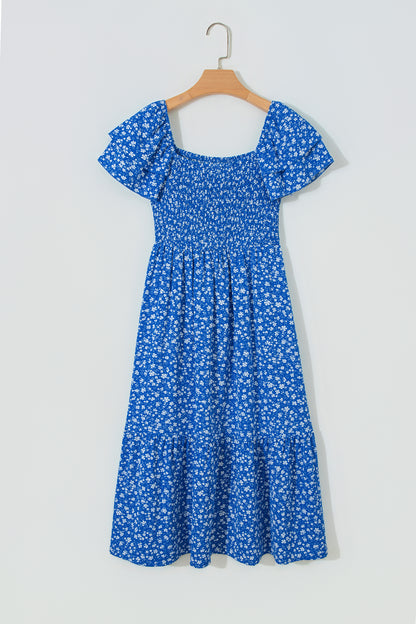 Beige Ditsy Floral Print Smocked Square Neck Ruffle Short Sleeve Dress