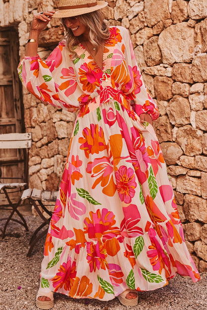 Beige Floral Print Smocked Detail V Neck Puff Sleeve Flowy Maxi Dress