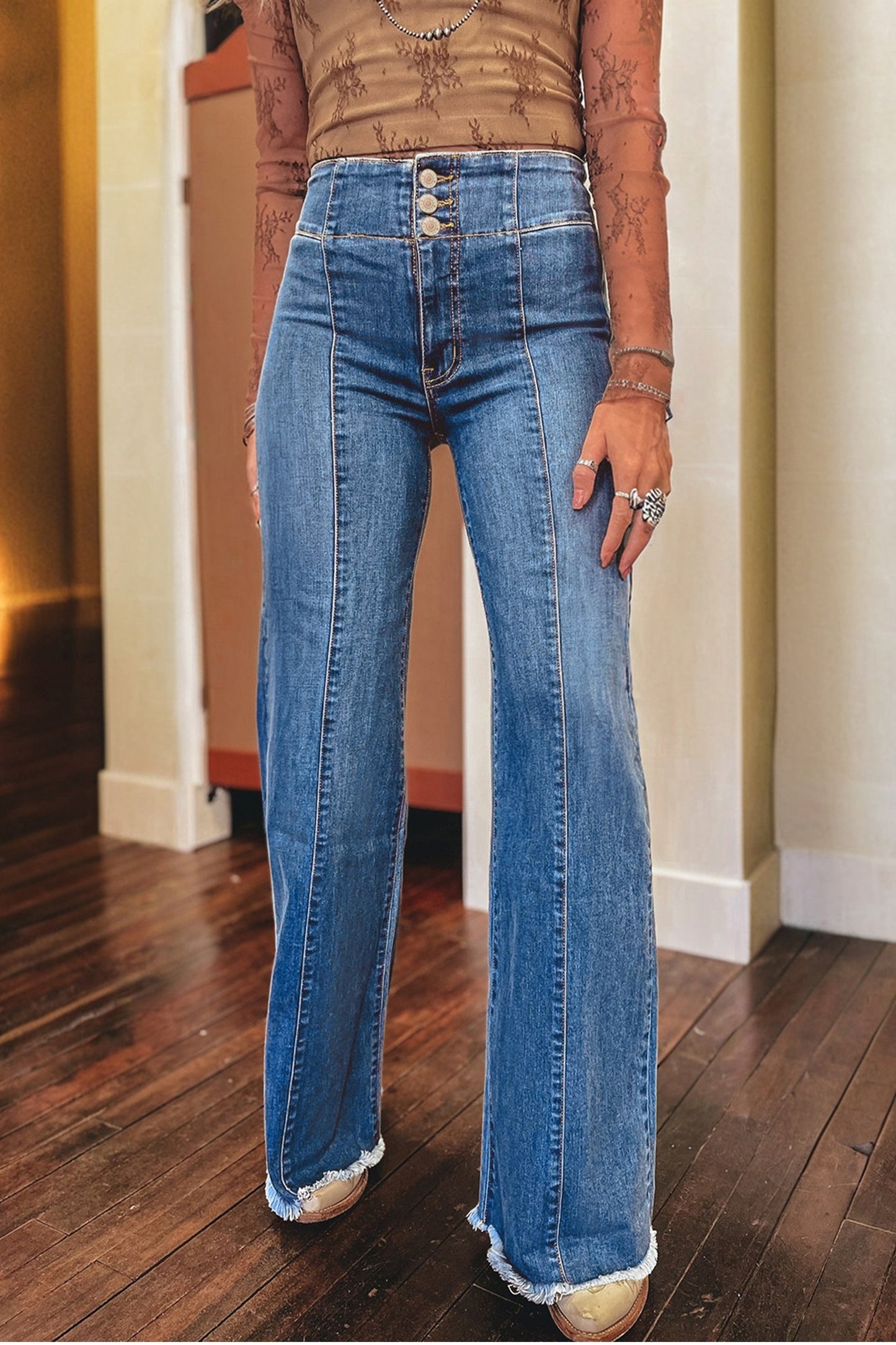 Coffee High Waist Button Fly Seamed Raw Hem Flare Jeans