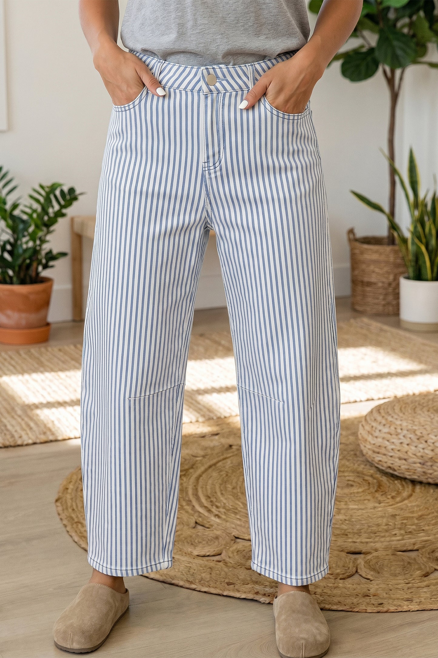 Khaki Stripe Casual Barrel Jeans