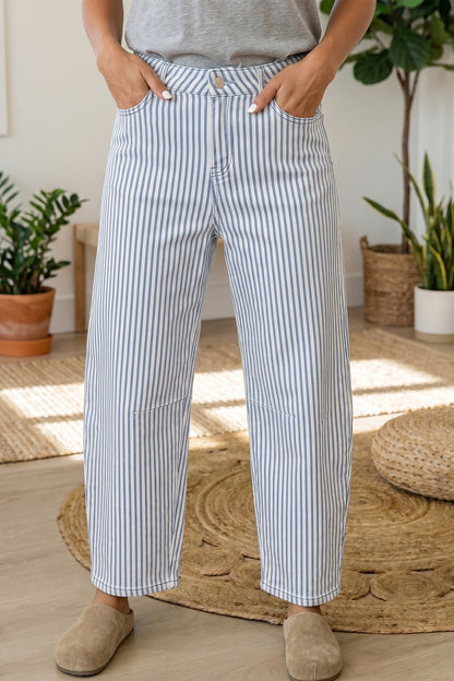 Khaki Stripe Casual Barrel Jeans