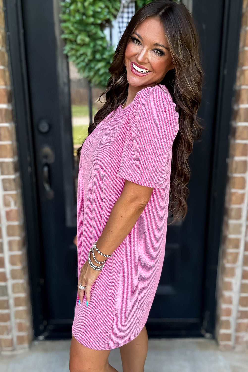 Parchment Corded Knit Crew Neck Puff Sleeve Shift Mini Dress