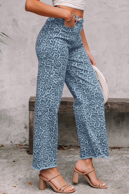 Brown Leopard Frayed Edge Wide Leg High Waist Jeans