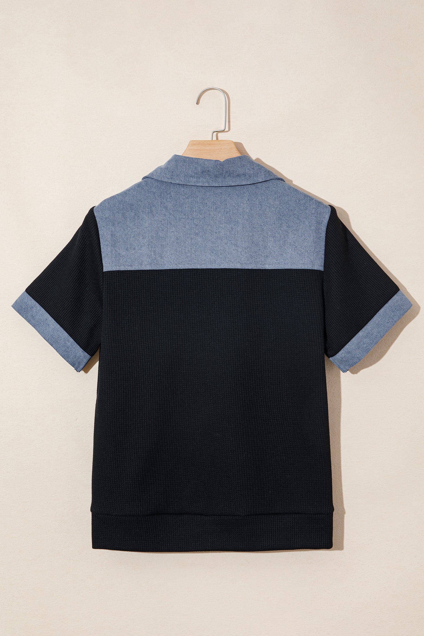 Black Waffle Knit Denim Color Block Patchwork Button Flap Polo Top