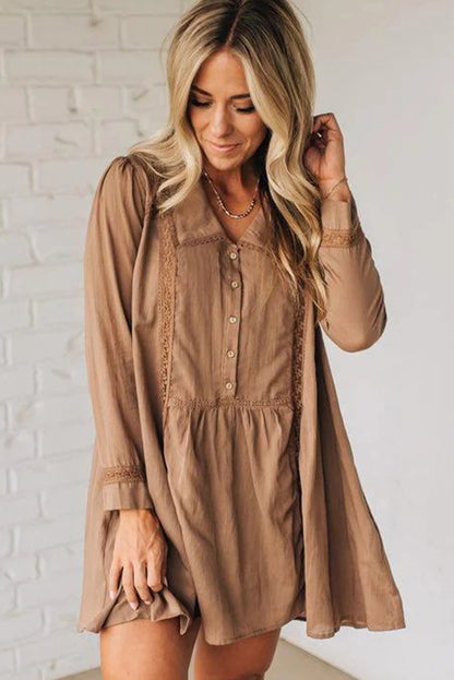 Straw Yellow Lace Trim Peter Pan Collar Long Sleeve Mini Shirt Dress