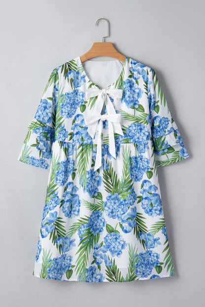 Sky Blue Palm Floral Print Contrast Ribbon Knot Ruffle Tiered Sleeve Mini Dress