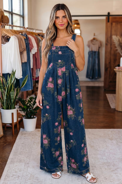 Beau Blue Floral Print Pleated High Waist Wide Leg Denim Jumpsuit