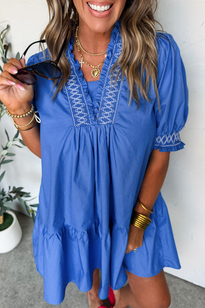 Sky Blue Embroidered Smocked Detail V Neck Short Puff Sleeve Mini Dress