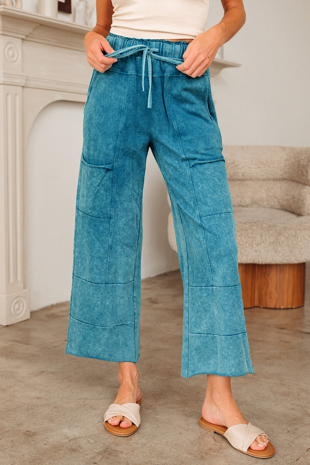 Medium Grey Mineral Wash Lace-up High Waist Raw Hem Patched Pocket Pants