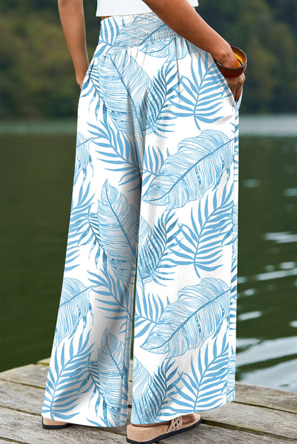 Sky Blue Botanic Print Shirred Waistband Wide Leg Pants