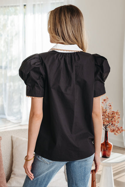 Bright Green Ricrac Trim Color Block Patchwork Shirt Collar Short Sleeve Blouse
