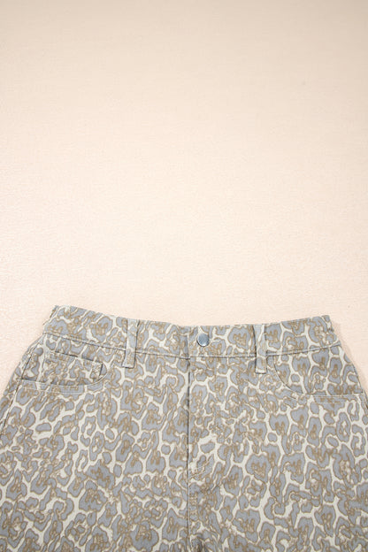Khaki Raw Edge Leopard Print Denim Shorts