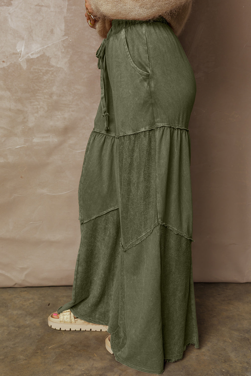Black Mineral Wash Tiered Wide Leg Patchwork Drawstring Pants