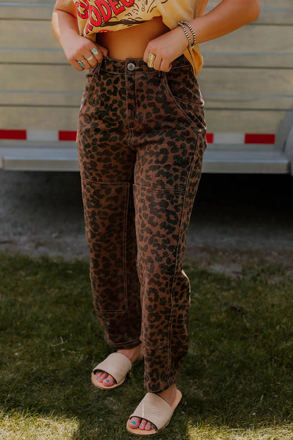 Brown Clear Seam Detail Patchwork Leopard Print Barrel Jeans