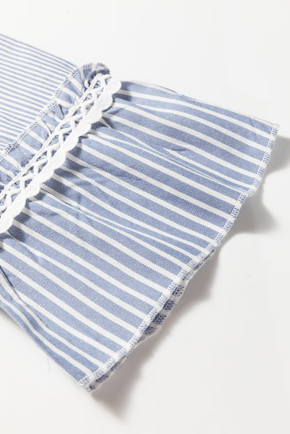 Sky Blue Stripe Patchwork Crossed Lace Detail Bracelet Sleeve Maxi Dress