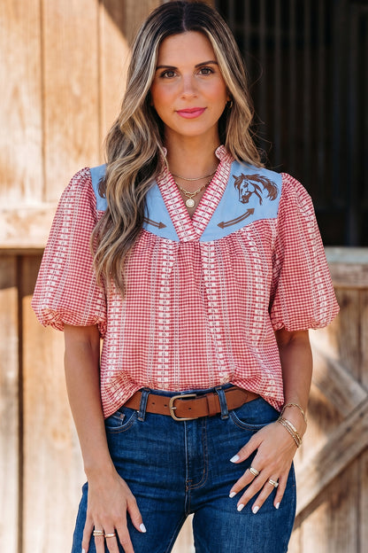 Brown Western Pony Embroidered Yoke Puff Sleeve Gingham Blouse