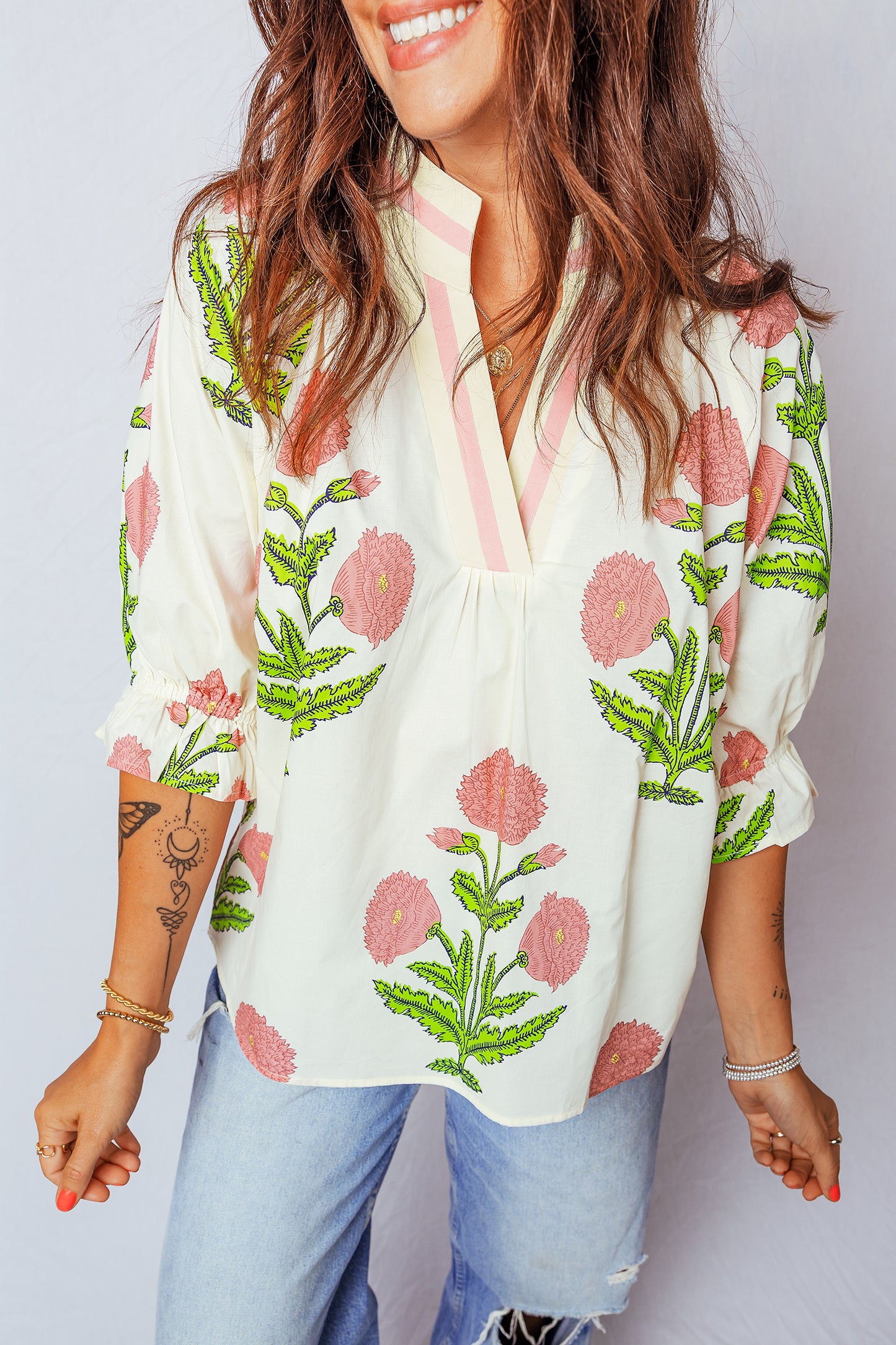 Sky Blue Casual Wild Flower Print V Neck 3/4 Sleeve Blouse