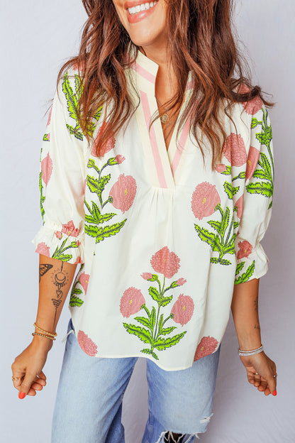 Sky Blue Casual Wild Flower Print V Neck 3/4 Sleeve Blouse