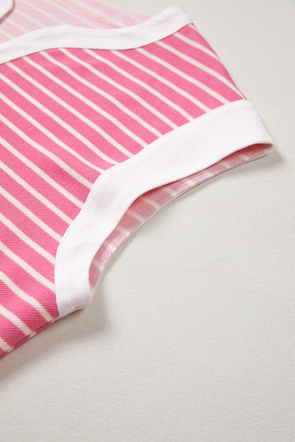 Pink Stripe Color Block Trim Notched Neck Sleeveless Shift Mini Dress