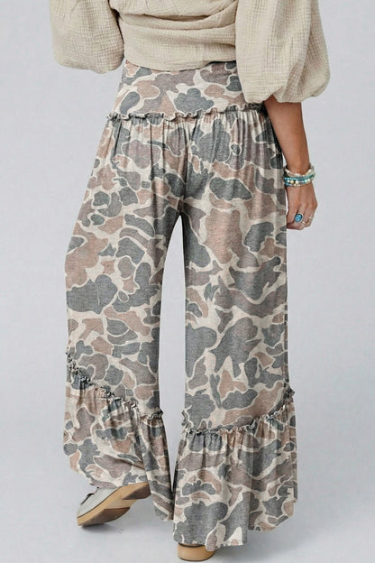 Beige Camo Print Wide Leg Casual Pants