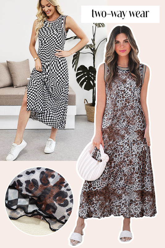 Multicolour Leopard Checkered Double Printed Reversible Sleeveless Long Dress