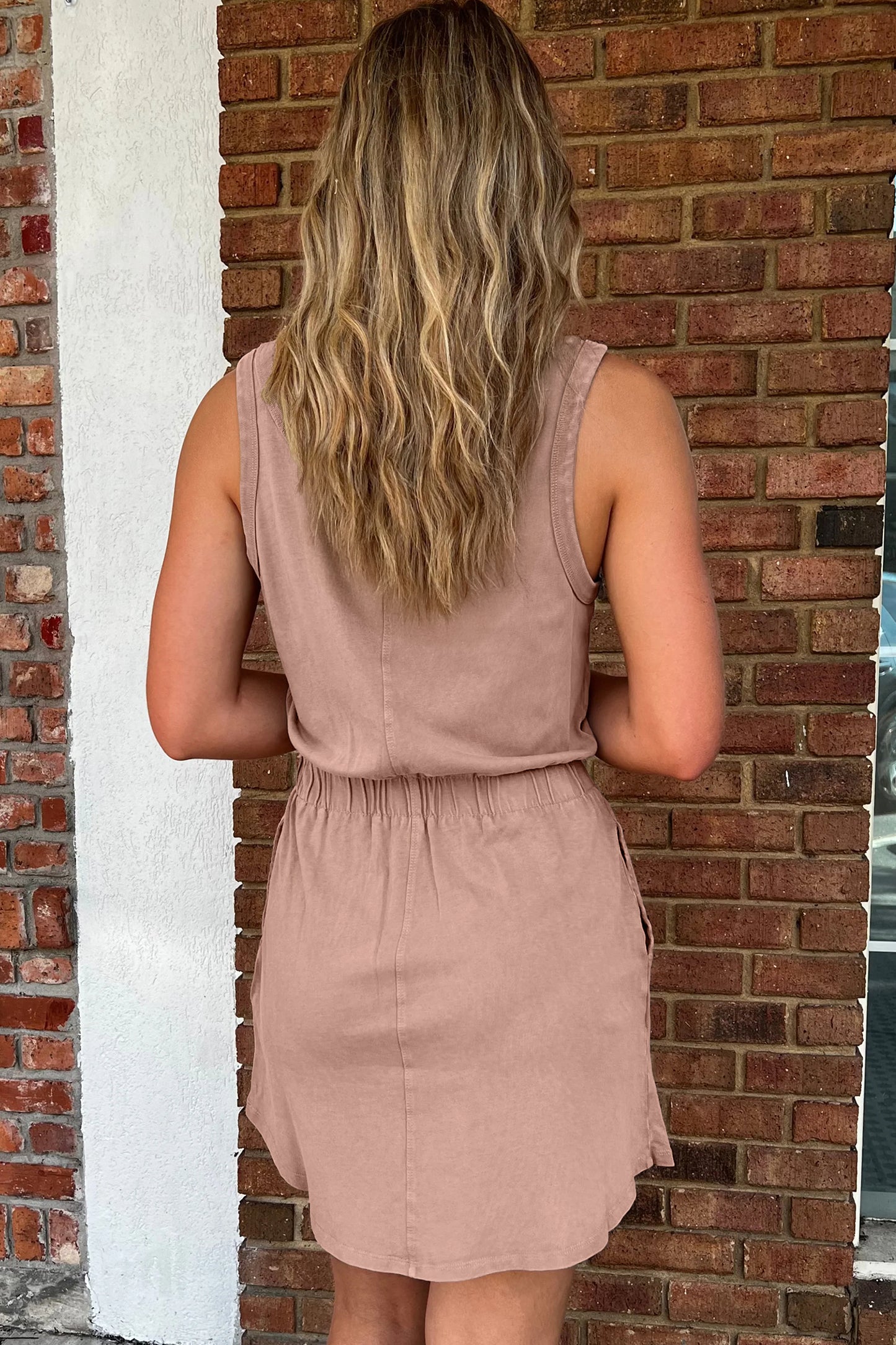Ashleigh Blue Mineral Wash U Neck Elastic Waist Sleeveless Mini Dress