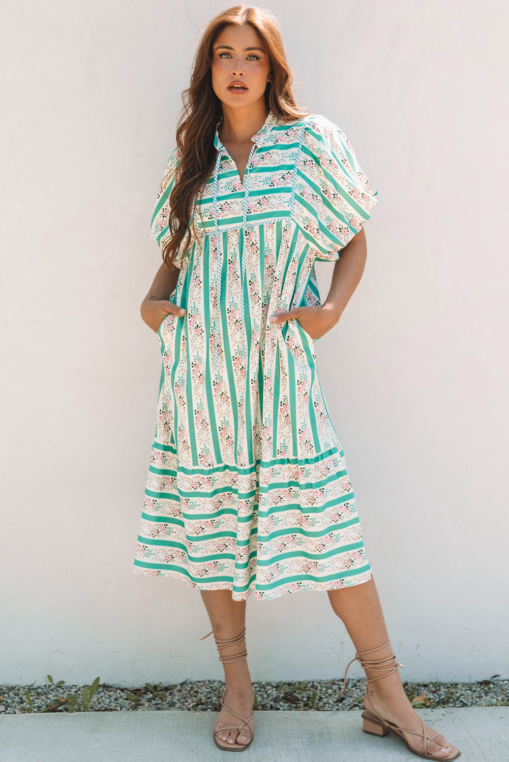 Multicolour Striped Floral Print Tie Split Neck Puff Sleeve Midi Dress