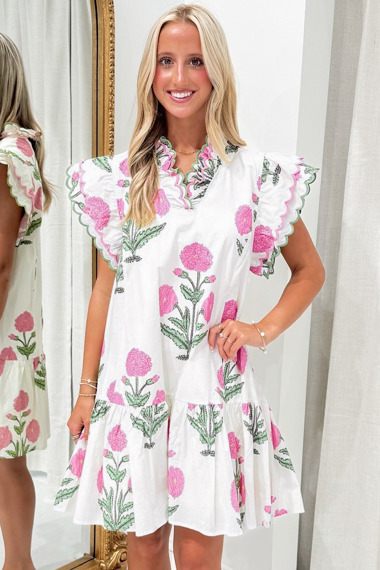 Sky Blue Wild Floral Print Scalloped Embroidery Trim V Neck Drop Waist Mini Dress
