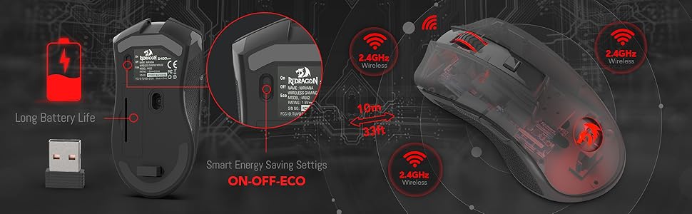 Redragon M652 Optical 2.4G Wireless Mouse with USB Receiver, Portable Gaming & Office Mice, 5 Adjustable DPI Levels