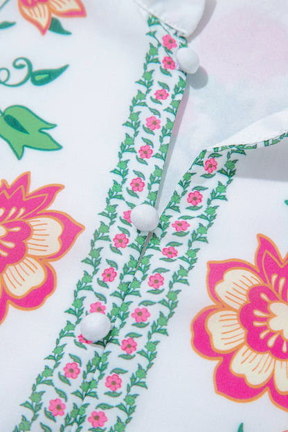 White Floral Print Half Button Mandarin Neck 3/4 Sleeve Maxi Dress