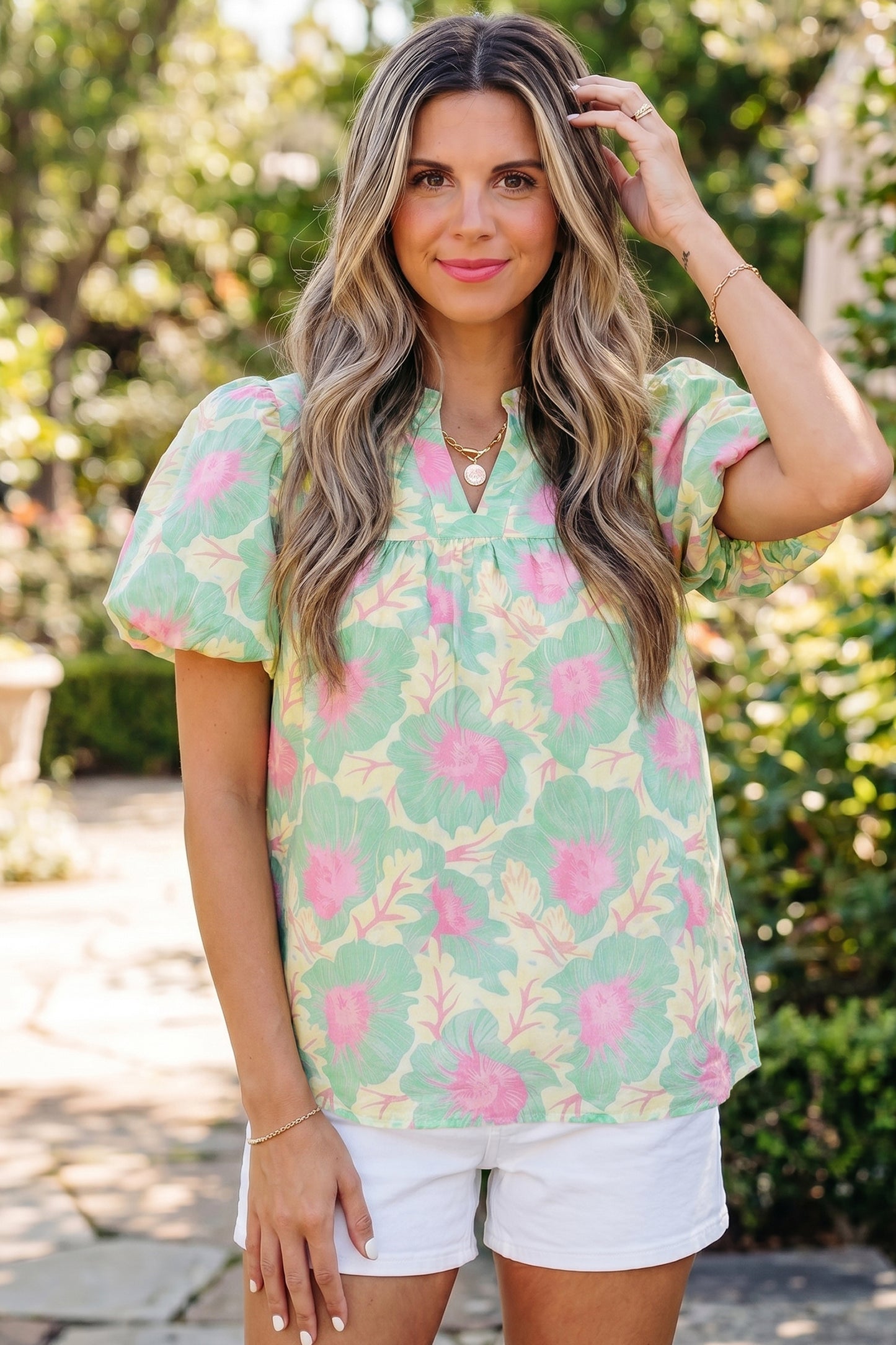 Pink Short Bubble Sleeve Summer Floral Blouse