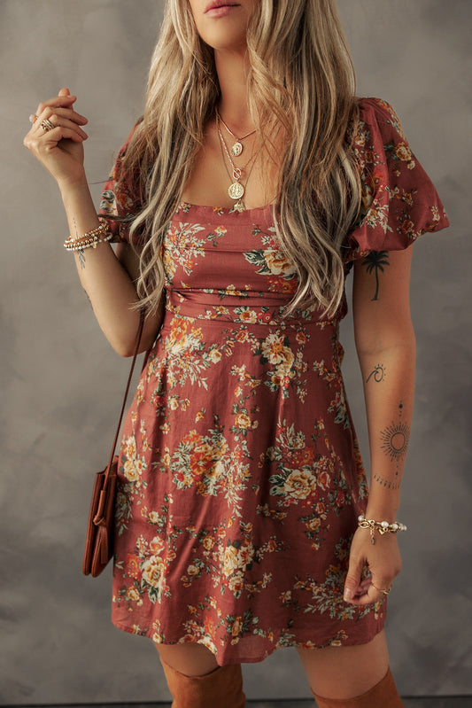 Red Floral Puff Sleeve Square Neck Knot Open Back Mini Dress