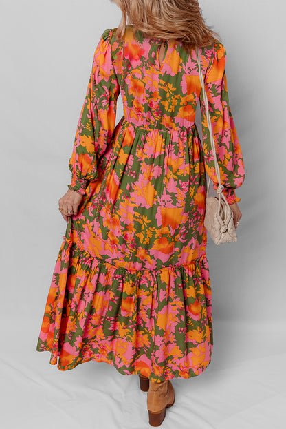 Orange Floral Puff Sleeve Smocked Bodice Ruffled Long Dress