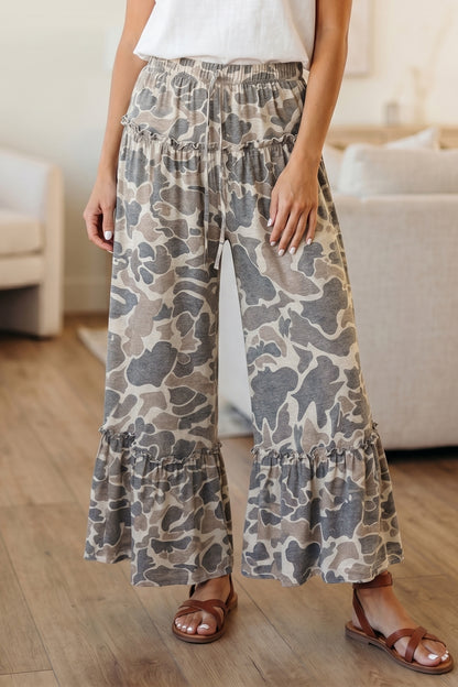 Beige Camo Print Wide Leg Casual Pants