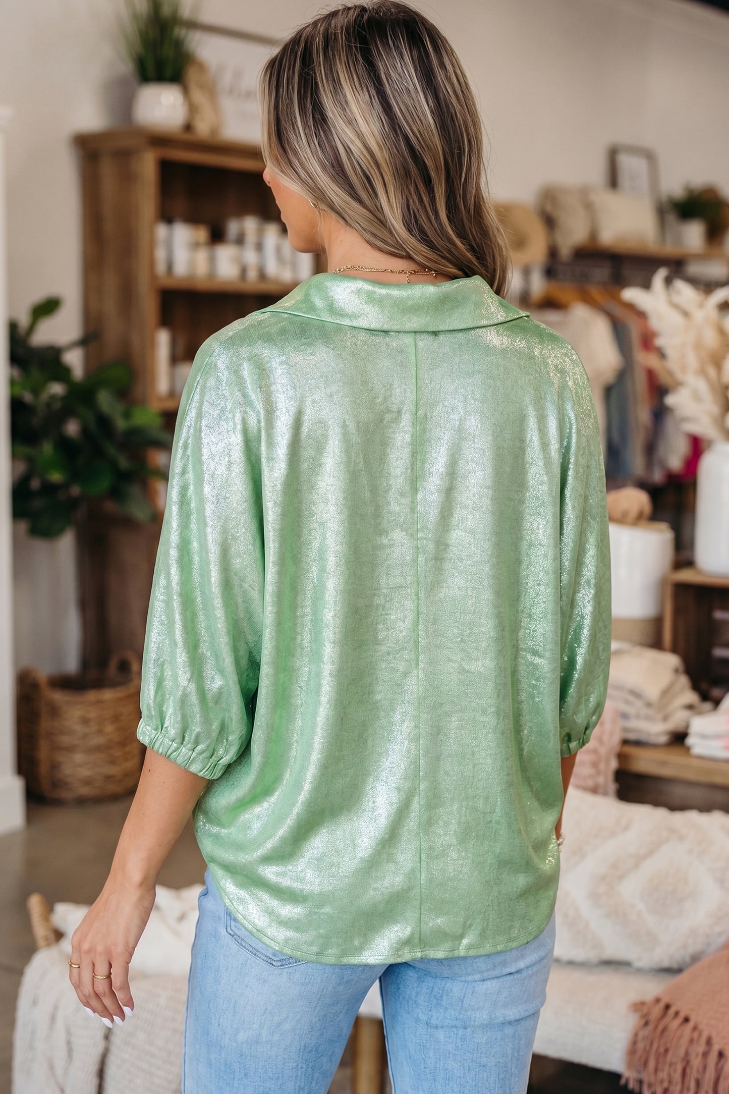 Myosotis Collared V Neck Half Sleeve Metallic Top