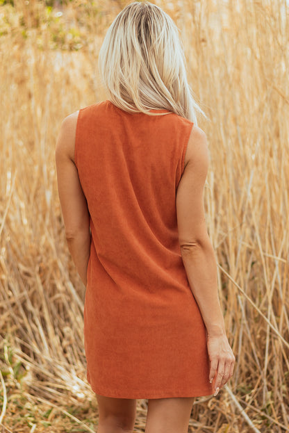 Gold Flame Corduroy Western Embroidered Patched Pocket Shift Sleeveless Mini Dress