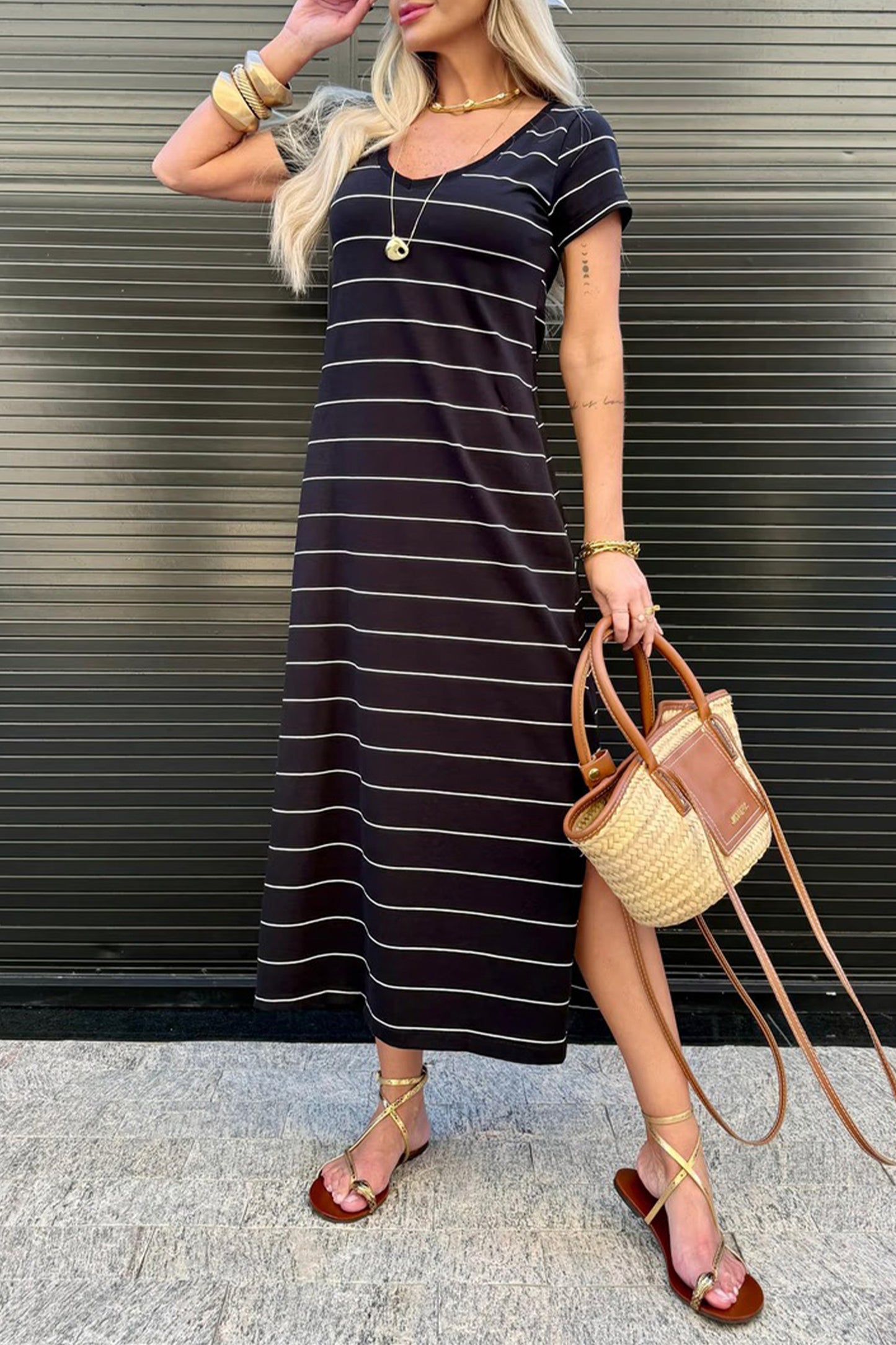 Black Stripe Casual Short Sleeve Side Slit Maxi T Shirt Dress