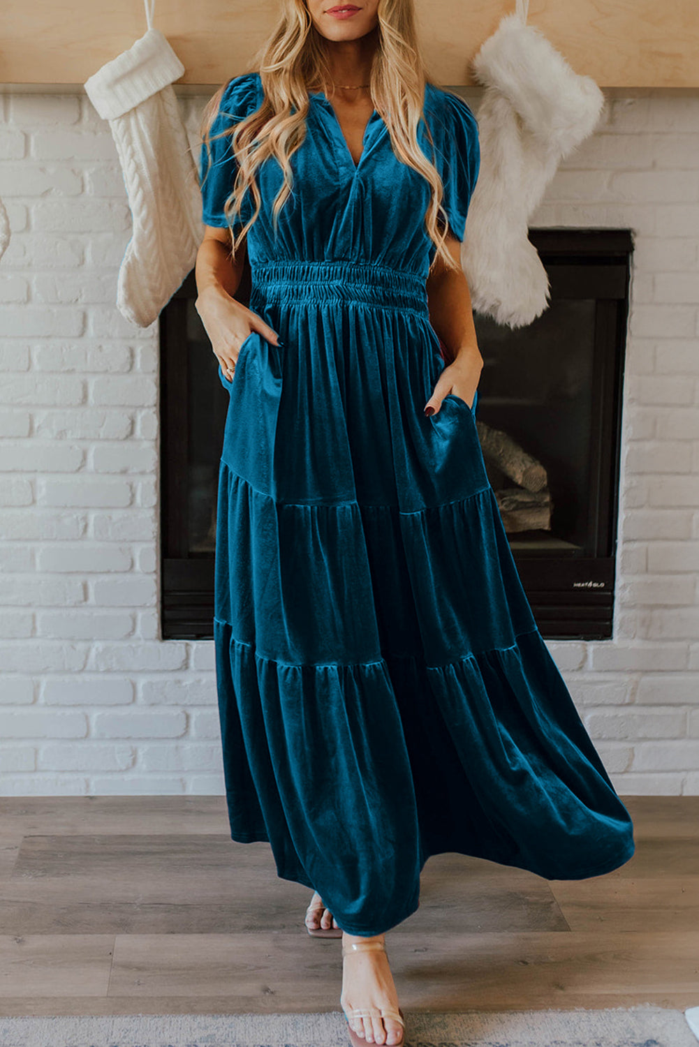 Chestnut Velvet Short Sleeve Shirred Waist Tiered Maxi Dress