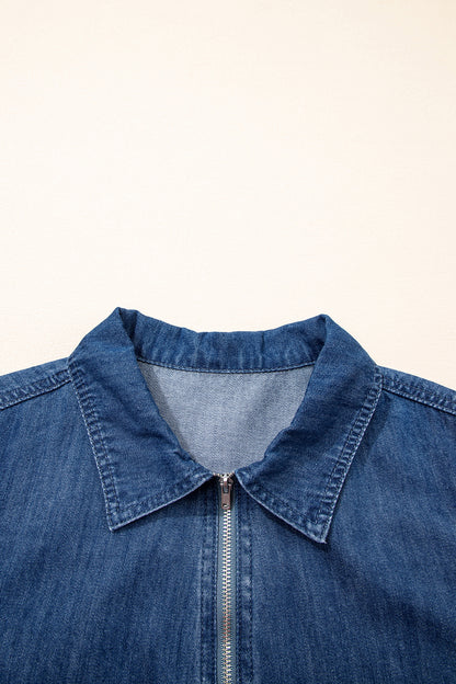 Blue Zip up Collared Short Sleeve Shift Mini Denim Dress
