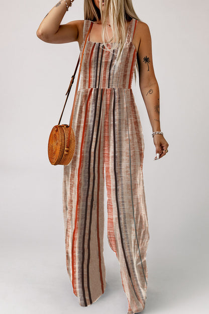 Yellow Stripe Square Neck Sleeveless Smocked Bodice Wide Leg Jumpsuit