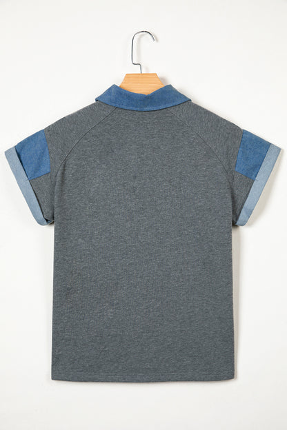 Carbon Grey Denim Color Block Patchwork Shirt Collar Short Sleeve Blouse
