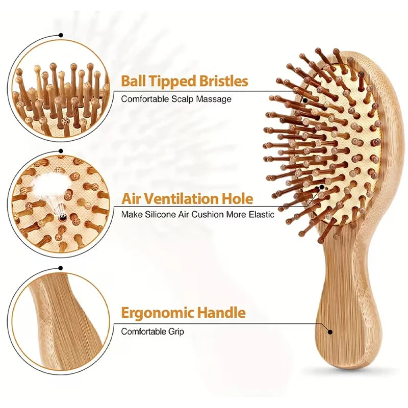 1/2 Pieces Mini Bamboo/Wooden Air Cushion Hair Brush Set - Portable Travel Hair Brush