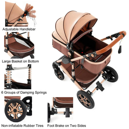Baby Stroller Combo Car Seat - Infant Pushchair with Carry Cot Foldable Reversible Pram,Travel System with Isofix Base Upto 5lbs